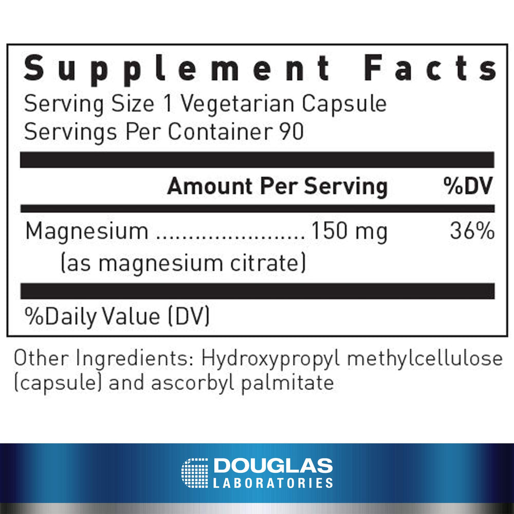 Label showing 150 mg elemental magnesium per capsule