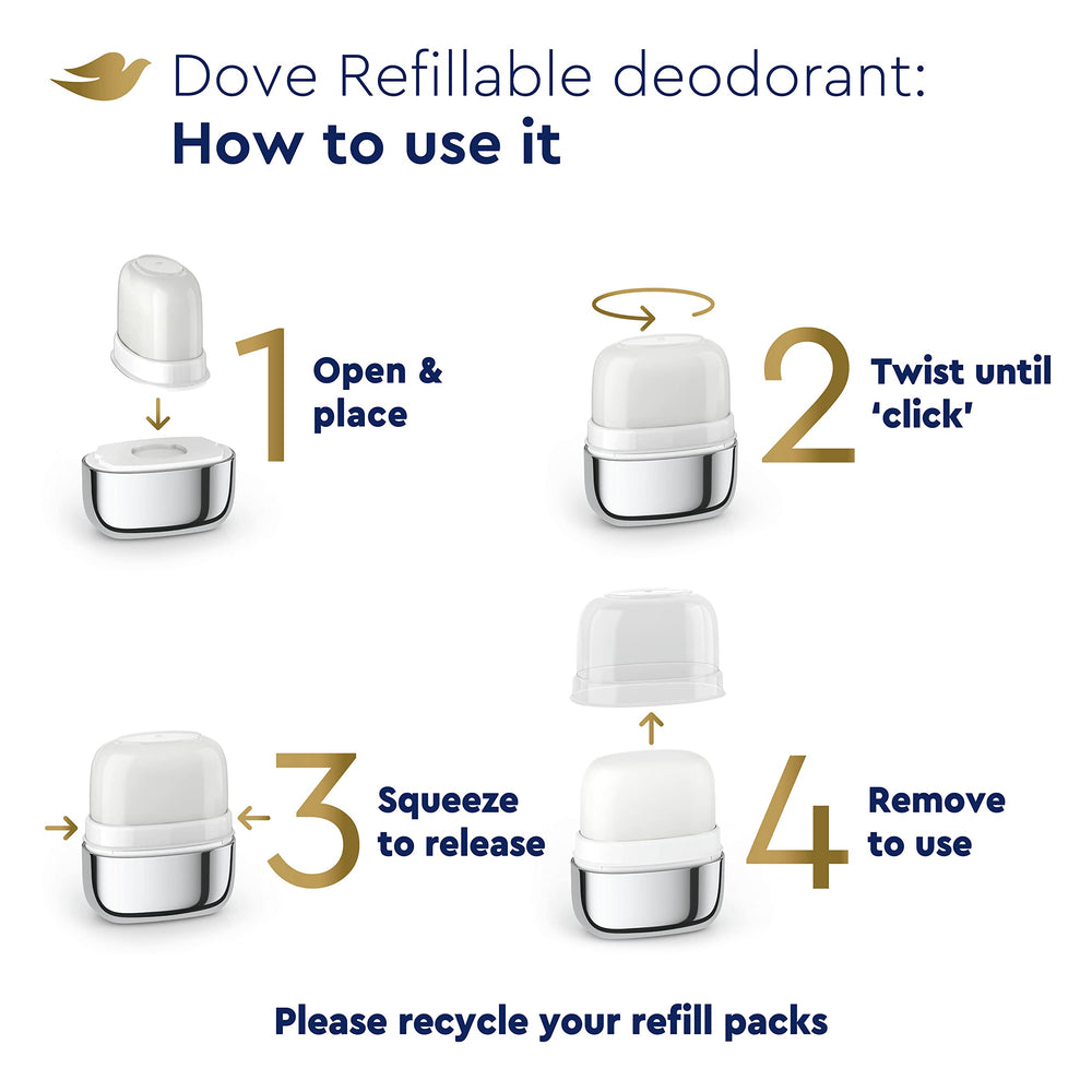 Dove packaging uses 98 percent recycled plastic refills for eco-friendly choice.