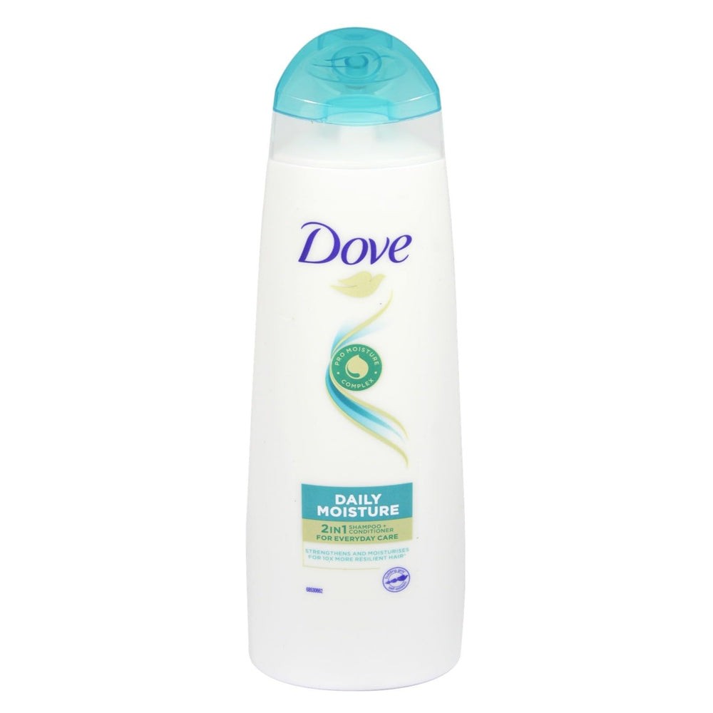 Dove Daily Moisture 2-in-1 shampoo-conditioner bottle pour for effortless daily cleansing.