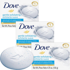 Dove Gentle Exfoliating Beauty Bar 3-pack front view highlights hydration.