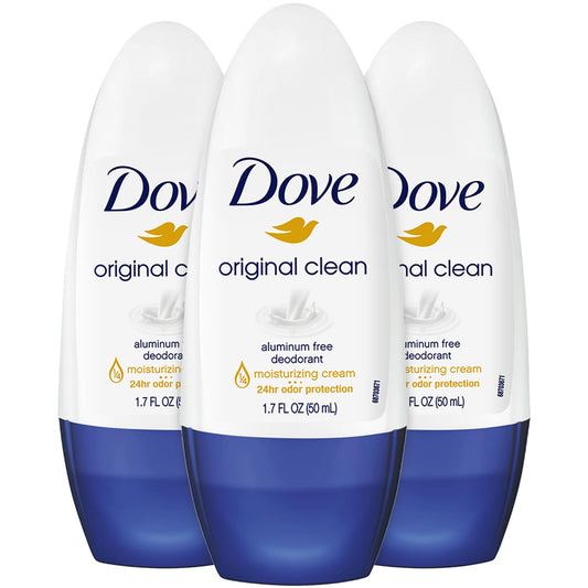 Dove Original Clean aluminum-free roll-on deodorant 3-pack for daily freshness.