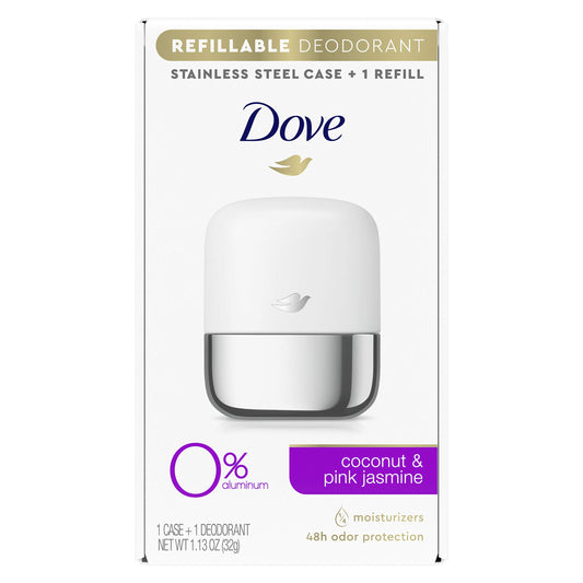 Dove refillable deodorant starter kit in stainless steel case for durable, long-term use.