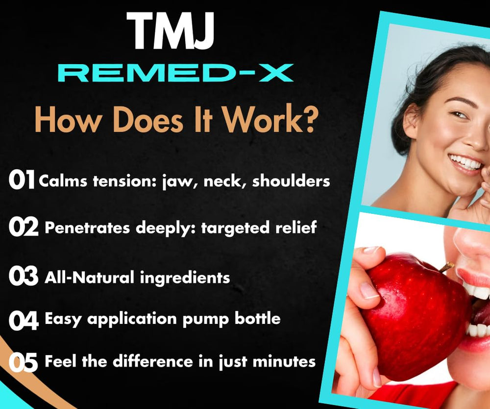 Close-up of the TMJ Remed-X bottle being applied to the jaw area