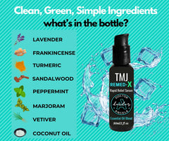Visual of key ingredients: turmeric, frankincense, lavender, peppermint, marjoram, vetiver, sandalwood