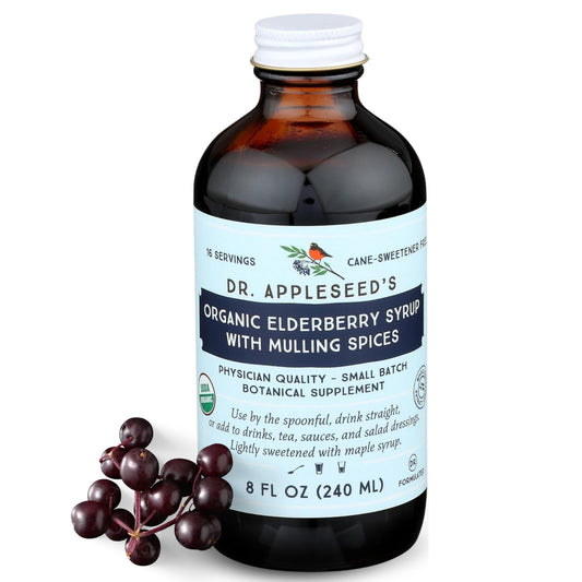 Dr. Appleseed's Organic Elderberry Syrup bottle on white background