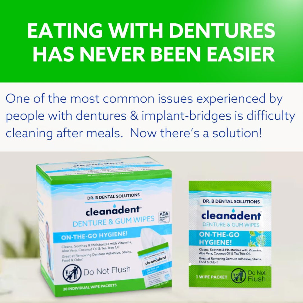Dentures being cleaned with Cleanadent Wipes