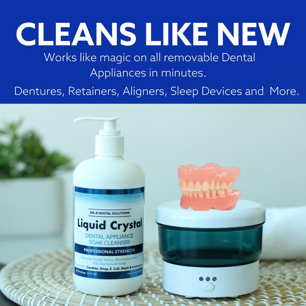 Night guards soaking in Liquid Crystal Soak Cleanser