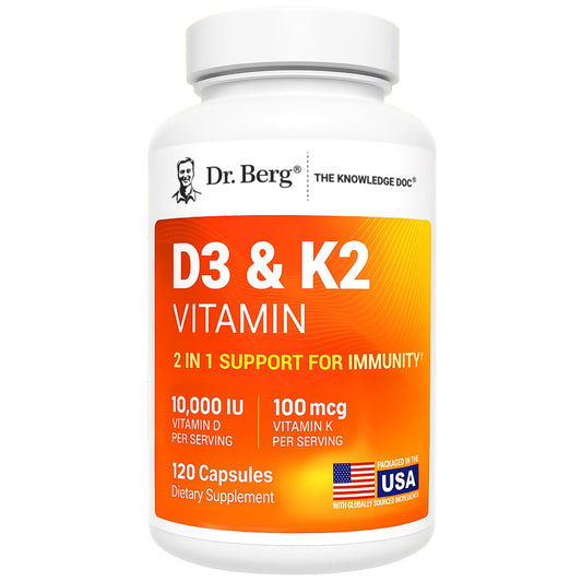 Front view of Dr. Berg D3 K2 10,000 IU 120-capsule bottle