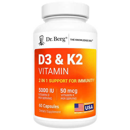 Dr. Berg D3 K2 5000 IU bottle and capsules