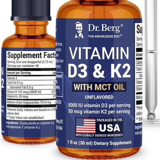 Front view of Dr. Berg D3 K2 liquid drops bottle, unflavored, 1 fl oz