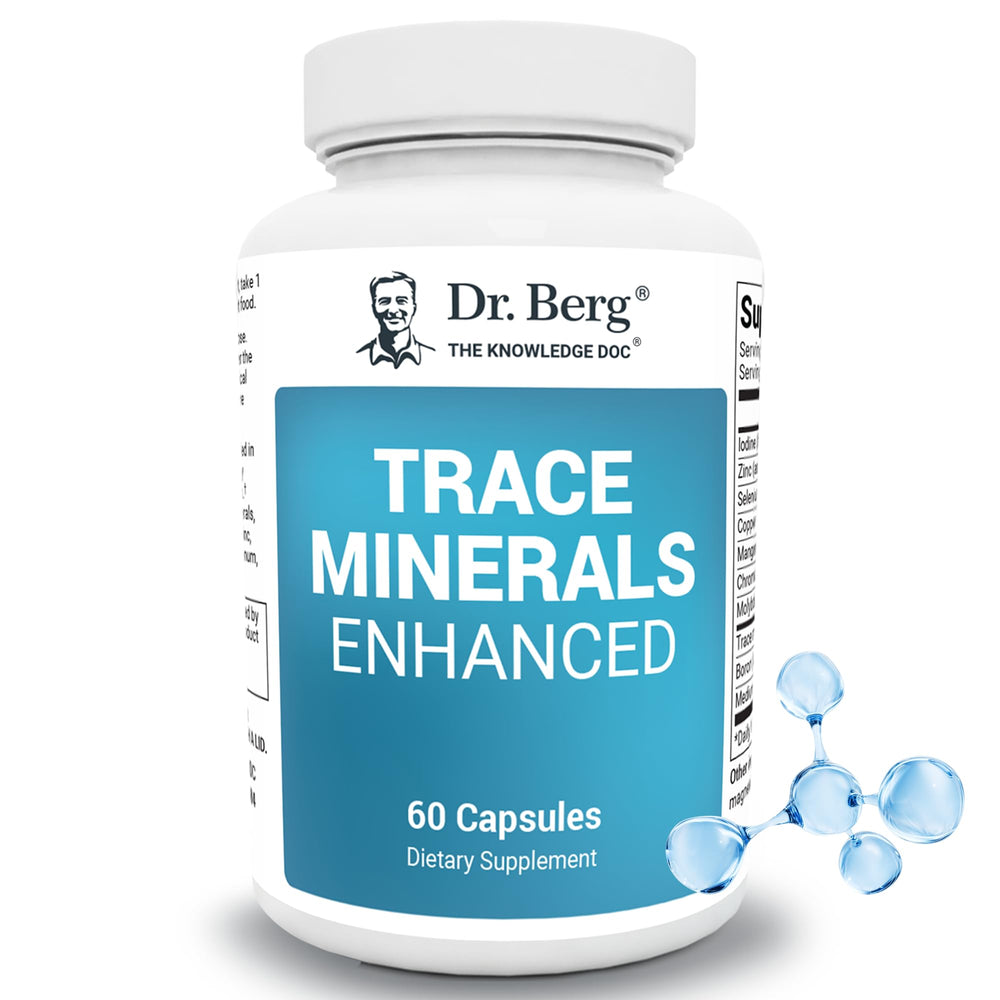 Dr. Berg Trace Minerals Enhanced Complex bottle close-up showing the mineral blend for daily wellness