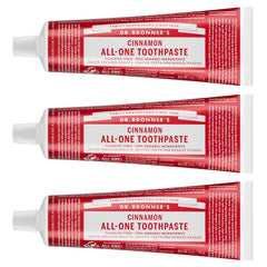Front view of Dr. Bronner’s All-One Cinnamon toothpaste 3-pack