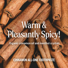 Close-up of toothpaste label showing cinnamon flavor
