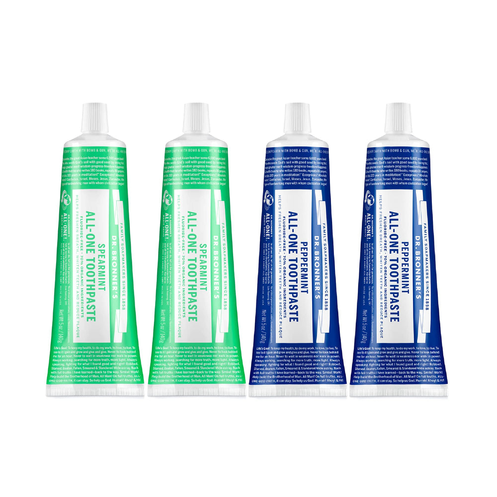 Dr. Bronner’s All-One Toothpaste 4-pack packaging showing peppermint and spearmint flavor