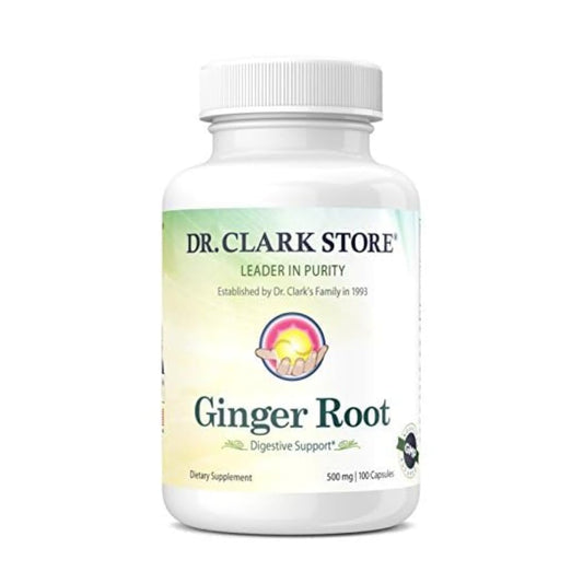 Box packaging of Dr. Clark Ginger Root Supplement 500 mg, 100 capsules