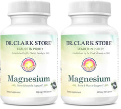 Front view of Dr. Clark Magnesium Oxide Supplement bottle, 300 mg, 100 capsules, pack of 2