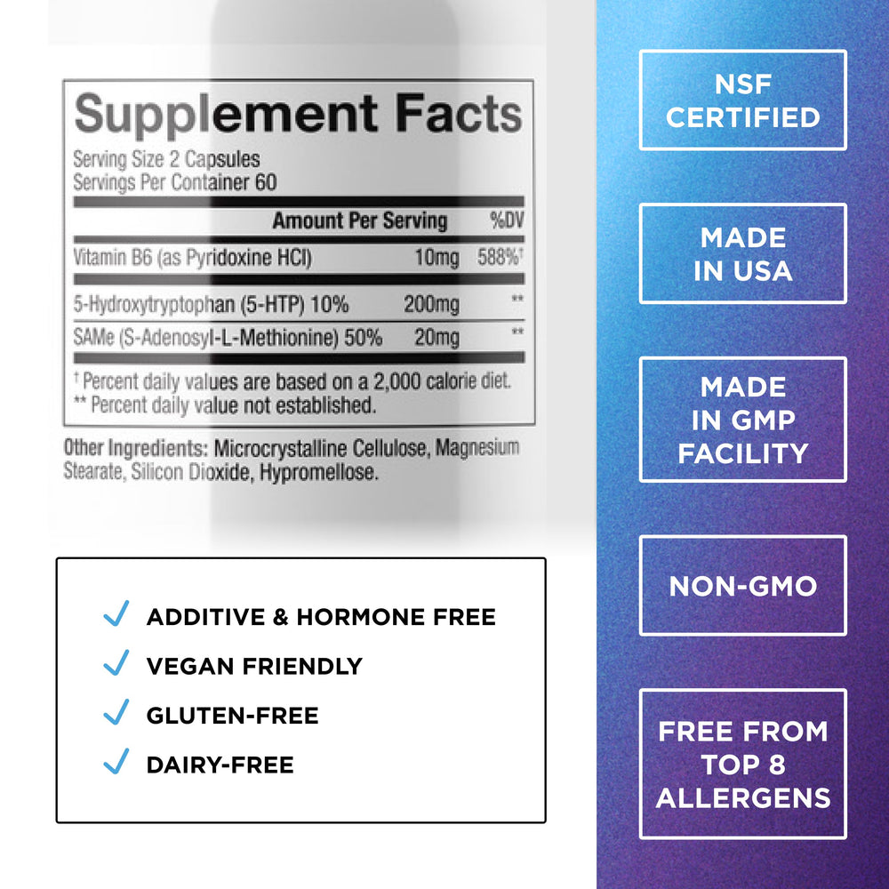Close-up of SAM-e and Vitamin B6 ingredients