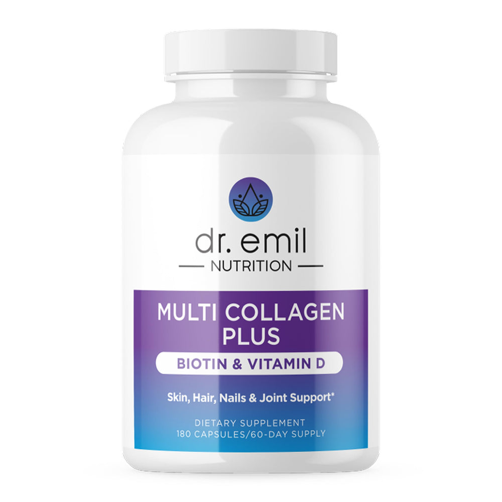 DR. EMIL NUTRITION multi collagen bottle shown for daily hair, skin, and nail support.