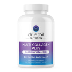 DR. EMIL NUTRITION multi collagen bottle shown for daily hair, skin, and nail support.