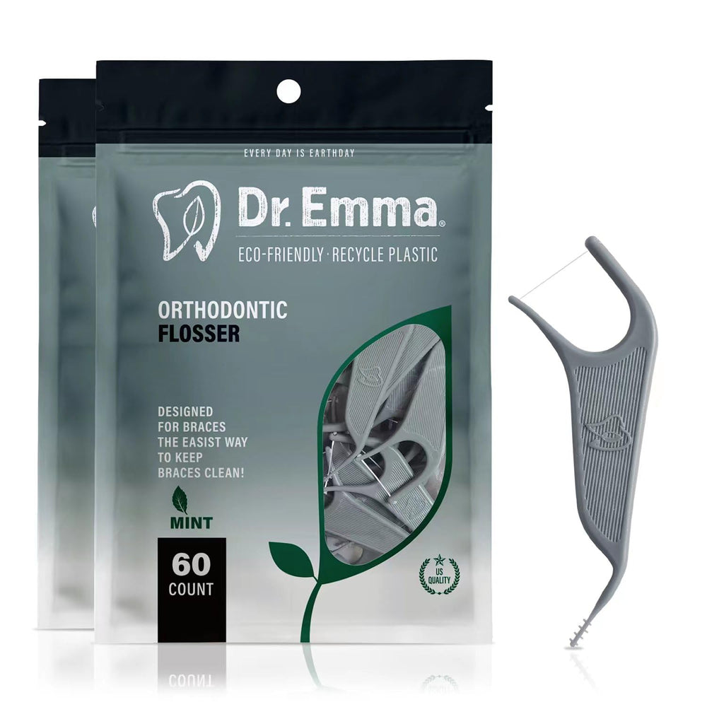 Dr. Emma Orthodontic Flossers for Braces Mint Flavor Gray 2-Pack packaging