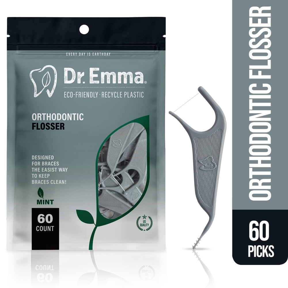 Close-up of mint-flavored orthodontic floss picks