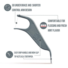 Gray ergonomic orthodontic floss pick with braces-friendly design