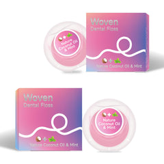 Front packaging of Dr. Emma Woven Dental Floss coconut oil infused expanding mint 33 yd pink pack of 2
