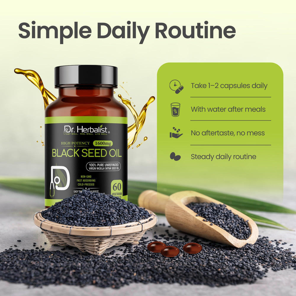 Bottle and label of Dr Herbalist Black Seed Oil 1600mg 60 softgels
