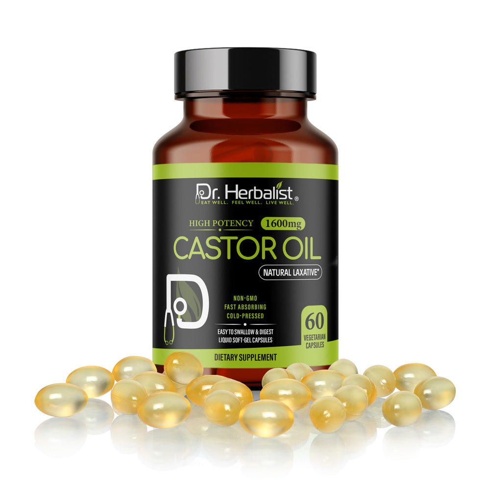 Dr. HERBALIST Castor Oil Capsules skin-hair focus hints at vitality.