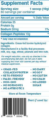 Dr. Kellyann collagen powder label shows grass-fed sourcing and non-GMO certification.