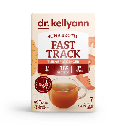 Front view of Dr. Kellyann Fast Track Bone Broth Packets box showing 7 servings