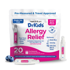 Dr. Kids allergy-relief package and vials shown for convenient single-dose format.