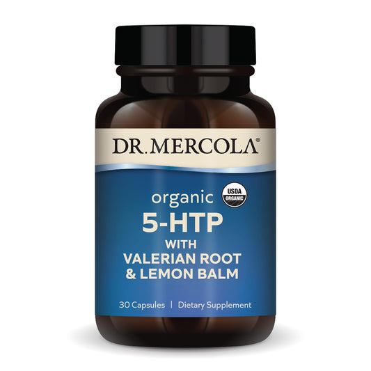 Bottle of Dr. Mercola Organic 5-HTP with Valerian Root & Lemon Balm