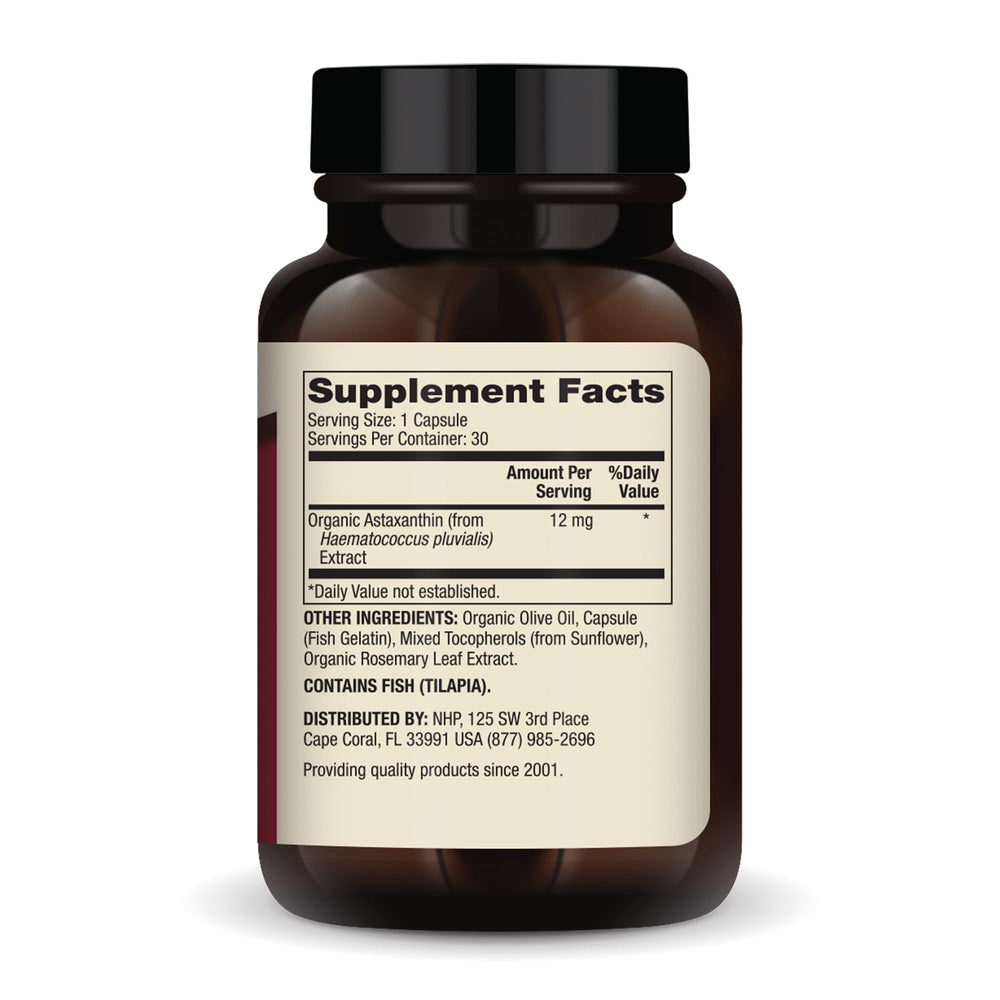 Dr. Mercola Astaxanthin bottle back label showing organic microalgae sourcing