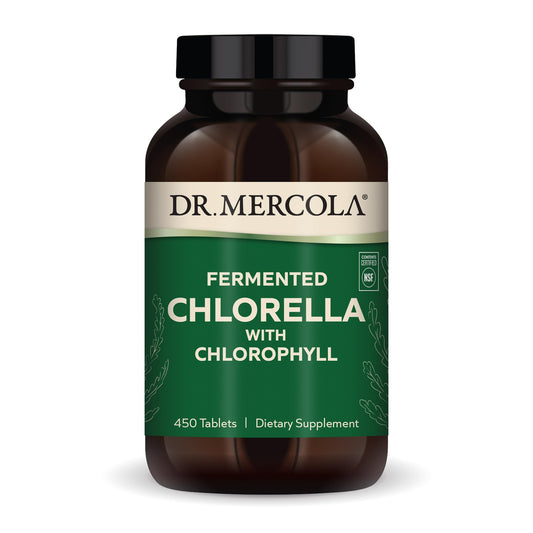 Front view of Dr. Mercola Fermented Chlorella with Chlorophyll bottle