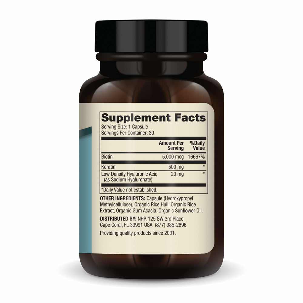 Nutrient blend showing biotin, keratin and hyaluronic acid