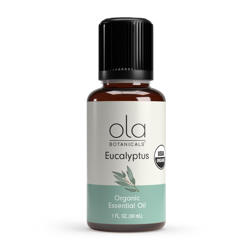 Dr. Mercola Ola Botanicals Eucalyptus essential oil bottle with premium aroma for refreshing spaces.