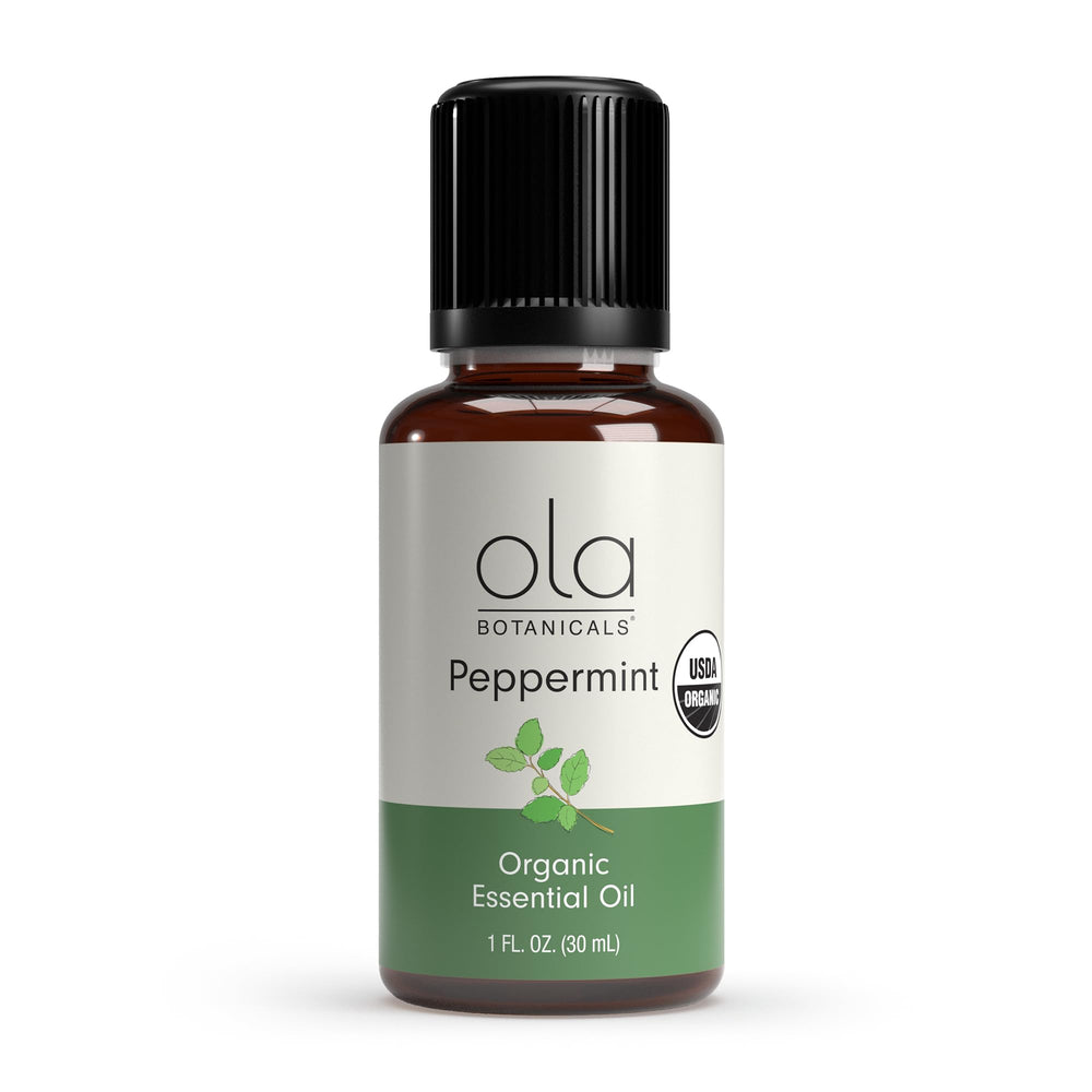 Dr. Mercola Ola Botanicals Peppermint oil label closeup reveals fresh menthol aroma.