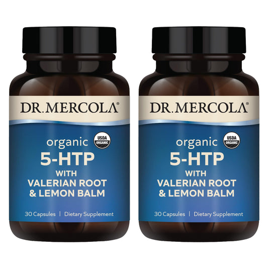 Front view of Dr. Mercola Organic 5-HTP with Valerian Root and Lemon Balm 2-pack