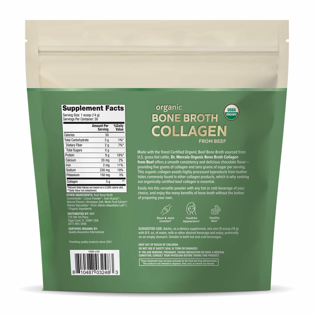 Packaging of Dr. Mercola Organic Bone Broth Collagen Powder