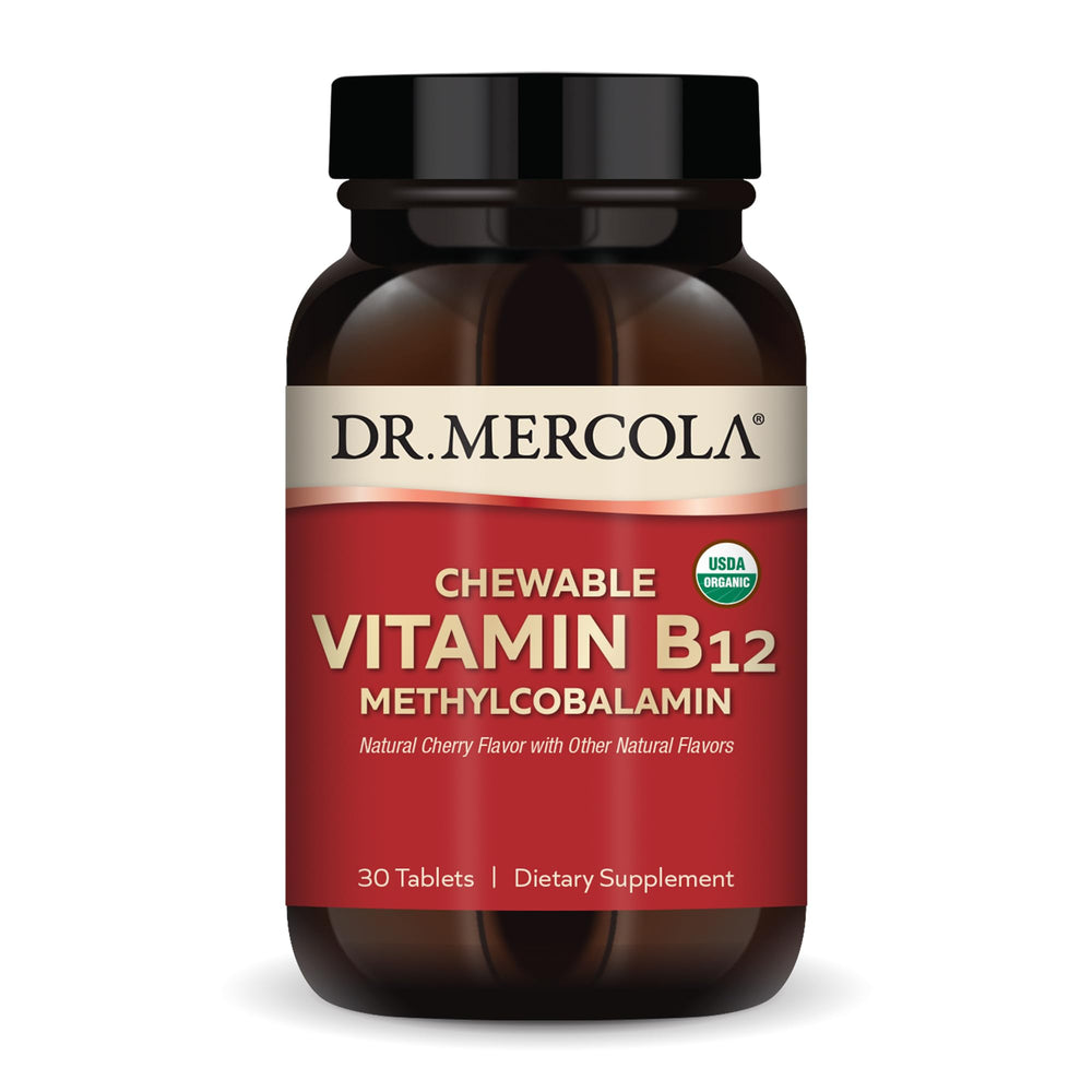 Dr. Mercola Organic Chewable Vitamin B12 bottle with cherry flavor label