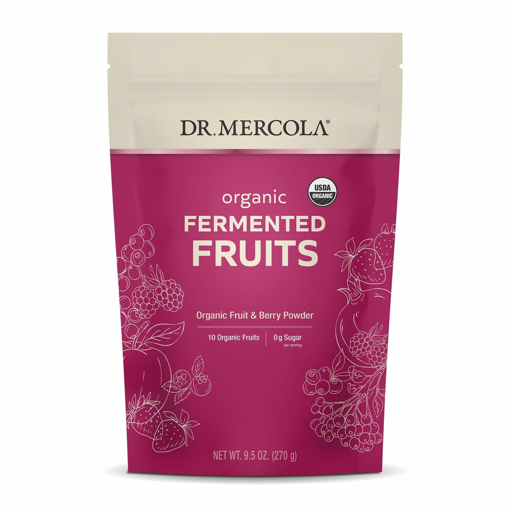 Front of Dr. Mercola Organic Fermented Fruits container showing 9.5 oz (270 g) and 90 servings