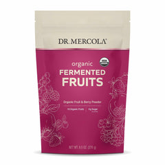 Front of Dr. Mercola Organic Fermented Fruits container showing 9.5 oz (270 g) and 90 servings