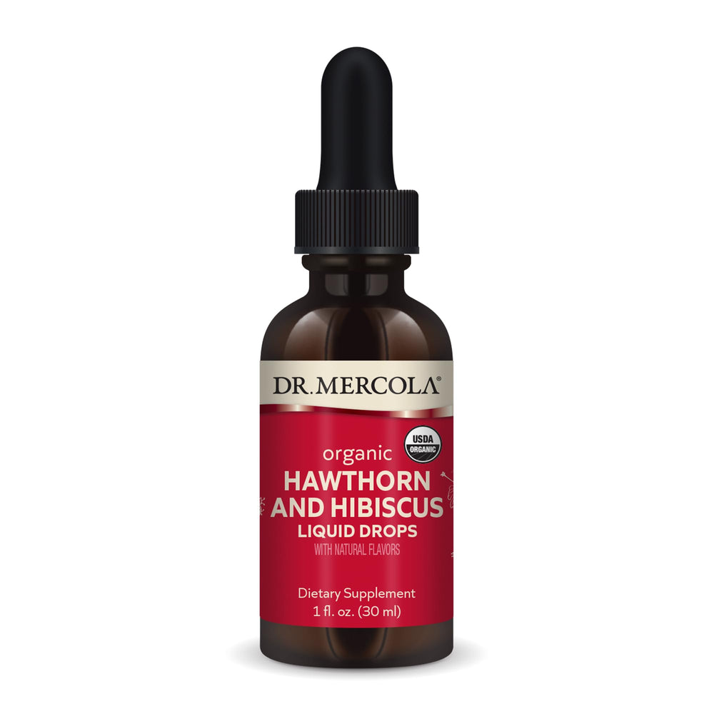Bottle of Dr. Mercola Organic Hawthorn and Hibiscus Liquid Drops with 30 servings