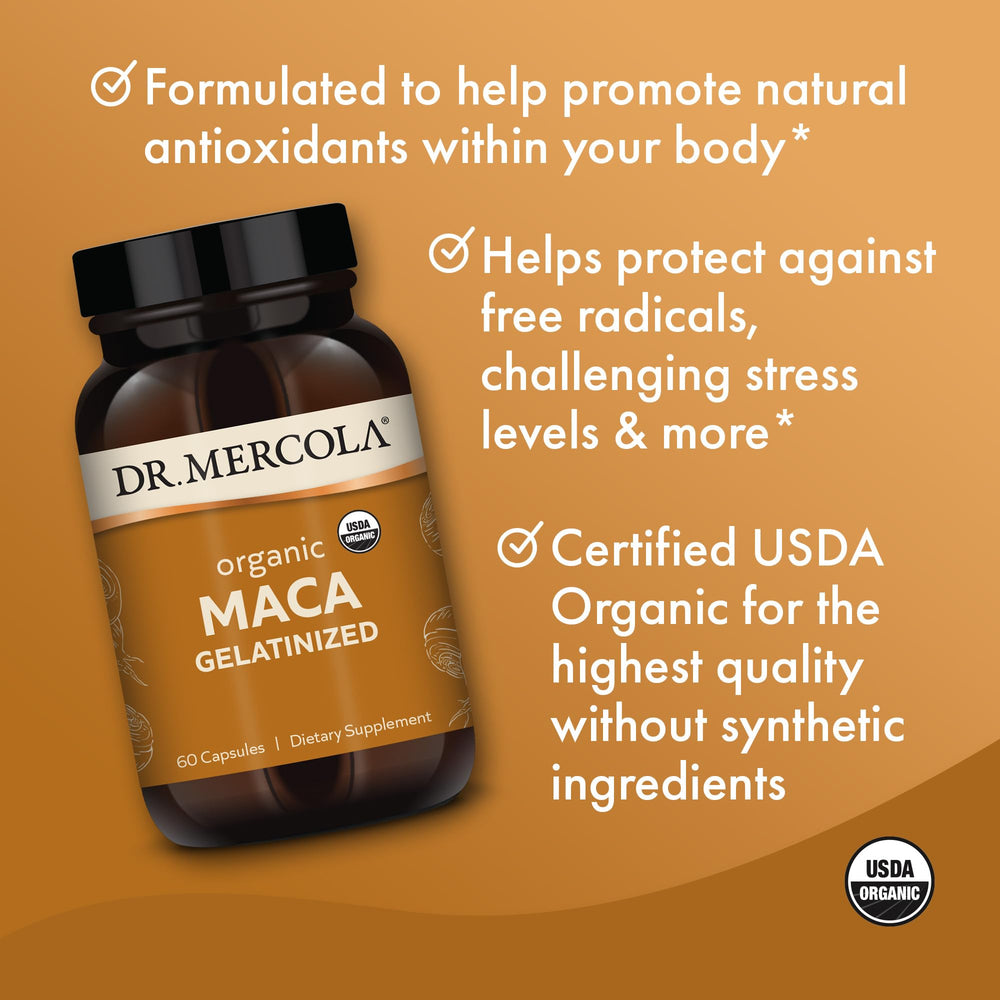 Front view of Dr. Mercola Organic Maca packaging