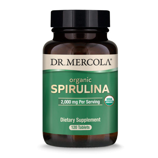 Dr. Mercola Organic Spirulina bottle with 120 tablets displaying USDA Organic seal