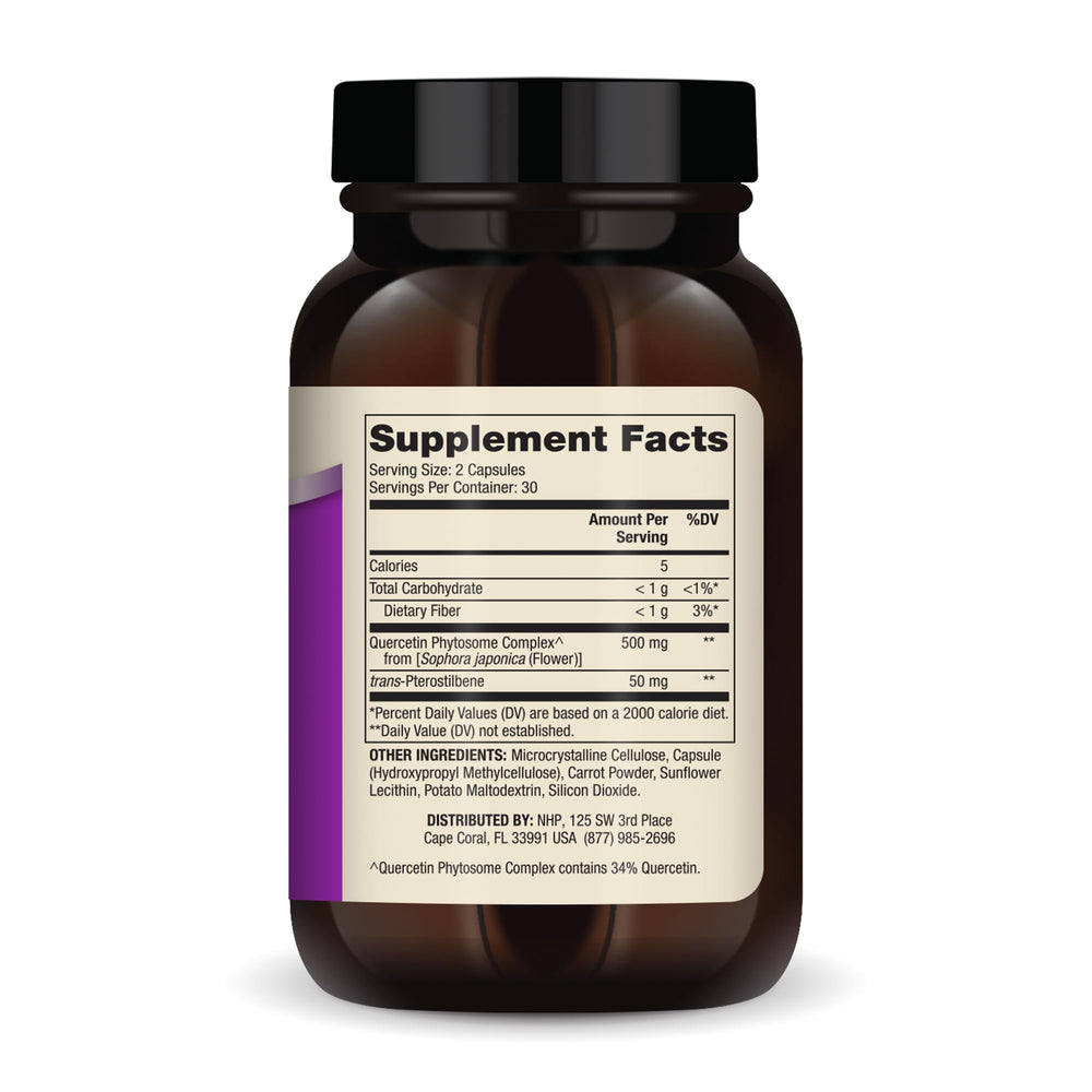 Back label with supplement facts on Dr. Mercola Quercetin & Pterostilbene Advanced