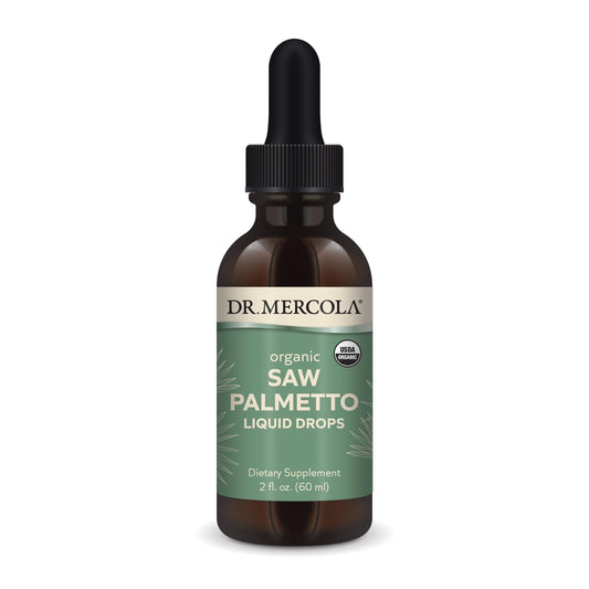 Dr. Mercola Saw Palmetto Liquid Drops bottle on white background