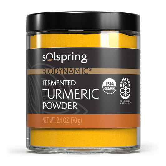 Front view of Dr. Mercola Solspring Biodynamic Fermented Turmeric Powder jar