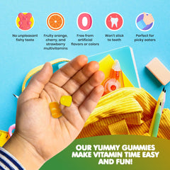 Key nutrients in kids vitamins (A, C, D3, B6, B12, zinc, iodine) on label